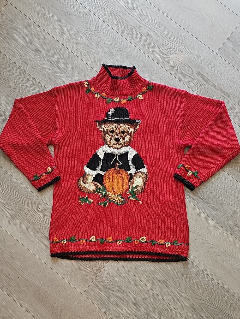 Vintage Eagles Eye Autumn Thanksgiving Pilgrim Teddy Bear Ramie Knit Sweater Med